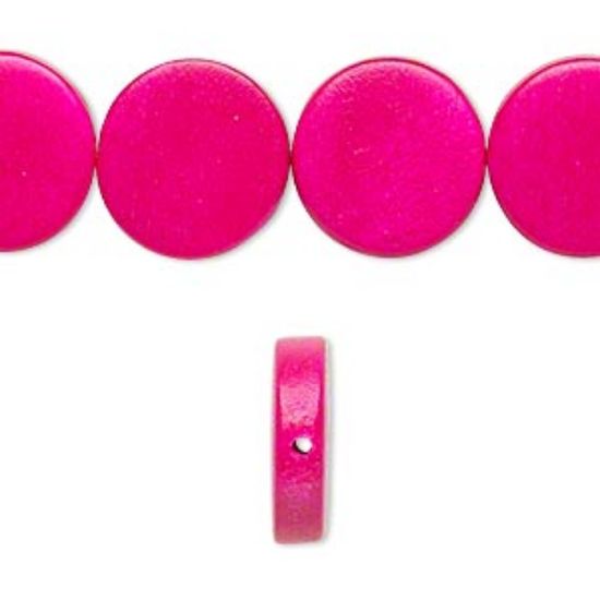 Picture of Bead, wood (dyed / waxed), dark pink, 15mm flat round. Sold per 16-inch strand.
