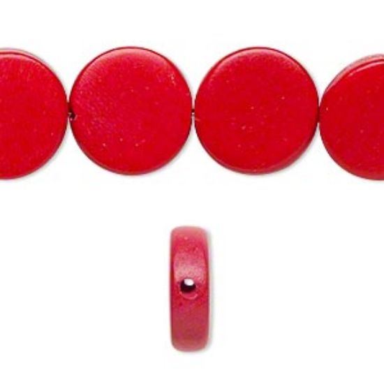 Picture of Bead, wood (dyed / waxed), red, 15mm flat round. Sold per 16-inch strand.
