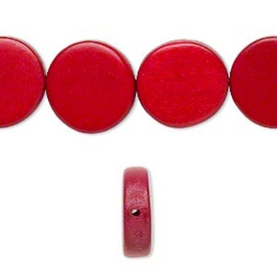 Picture of Bead, wood (dyed / waxed), cranberry red, 15mm flat round. Sold per 16-inch strand.