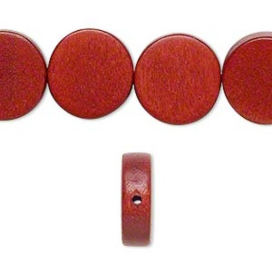 Picture of Bead, wood (dyed / waxed), rust brown, 15mm flat round. Sold per 16-inch strand.