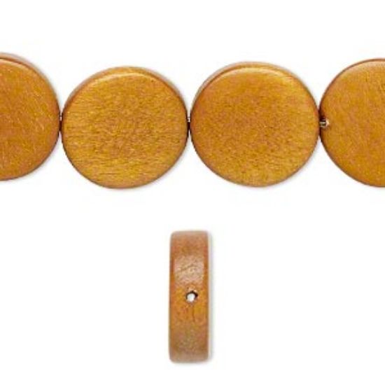 Picture of Bead, wood (dyed / waxed), light brown, 15mm flat round. Sold per 16-inch strand.