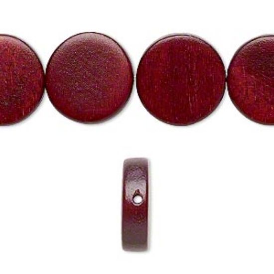 Picture of Bead, wood (dyed / waxed), dark brown, 15mm flat round. Sold per 16-inch strand.