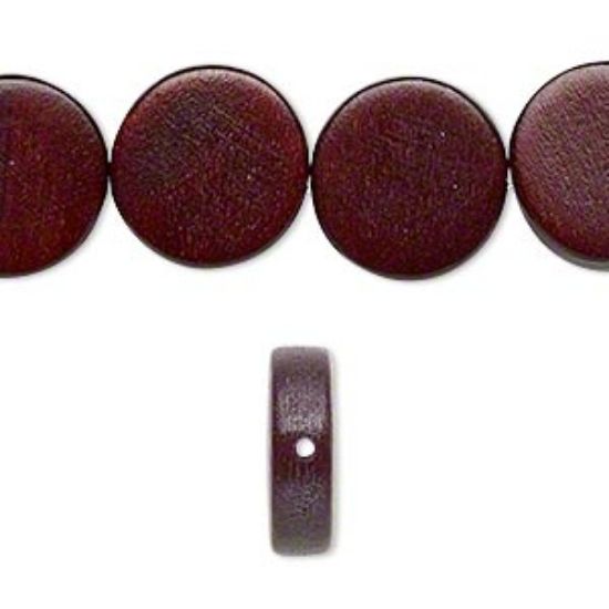 Picture of Bead, wood (dyed / waxed), chocolate brown, 15mm flat round. Sold per 16-inch strand.