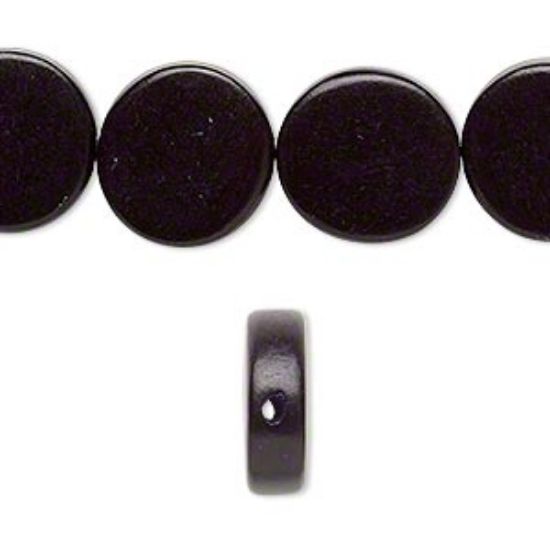 Picture of Bead, wood (dyed / waxed), black, 15mm flat round. Sold per 16-inch strand.