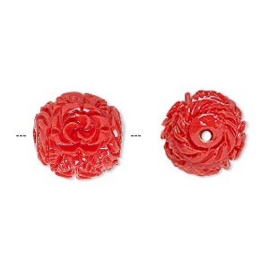 Picture of Bead Resin Flower and Leaf design 14mm round Red x1