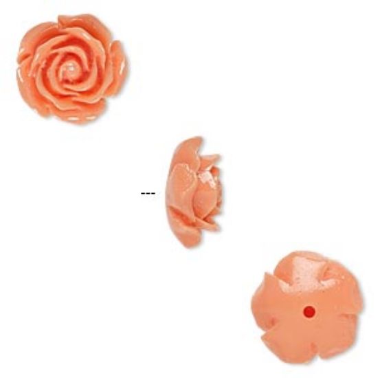 Picture of Bead resin light salmon pink 12x12mm half-drilled rose. Sold per pkg of 2.