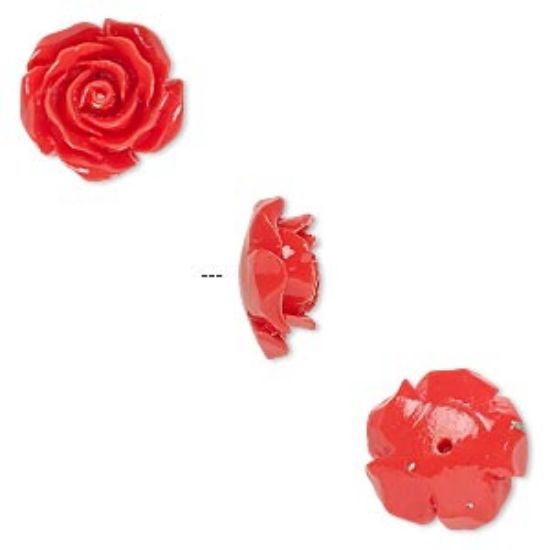 Picture of Bead resin red 12x12mm half-drilled rose. Sold per pkg of 2.