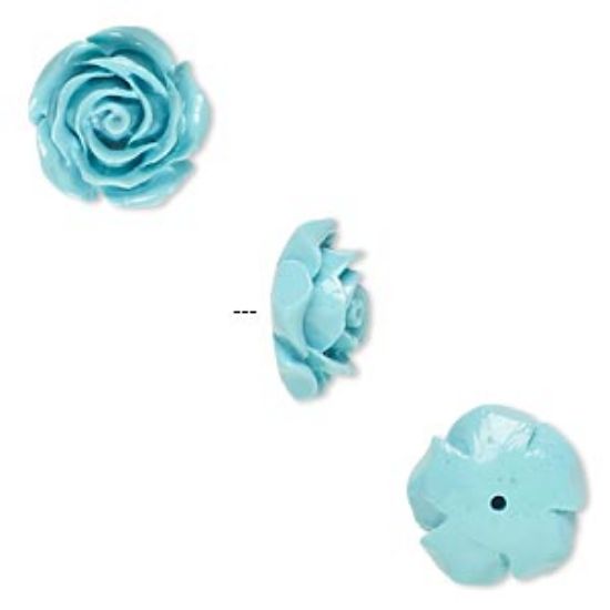 Picture of Bead resin turquoise blue 12x12mm half-drilled rose. Sold per pkg of 2.