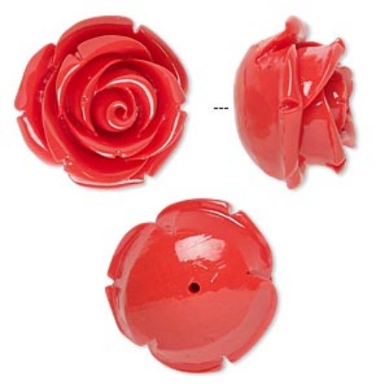 Picture of Bead resin red 19x19mm half-drilled rose. Sold per pkg of 2.