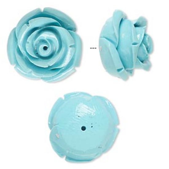 Picture of Bead resin turquoise blue 19x19mm half-drilled rose. Sold per pkg of 2.