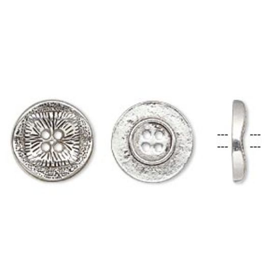 Picture of Button, antiqued silver-finished "pewter" (zinc-based alloy), 17mm single-sided wavy flat round with textured square design. Sold per pkg of 20.