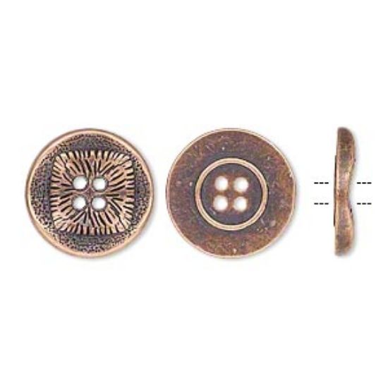 Picture of Button, antiqued copper-finished "pewter" (zinc-based alloy), 17mm single-sided wavy flat round with textured square design. Sold per pkg of 20.