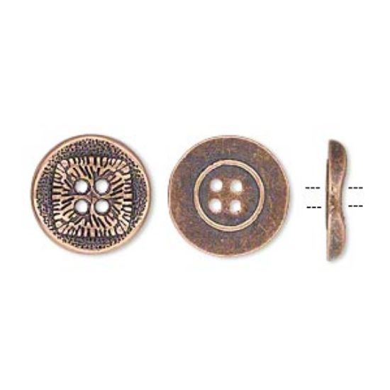Picture of Button, antiqued copper-finished "pewter" (zinc-based alloy), 15mm single-sided wavy flat round with textured square design. Sold per pkg of 20.