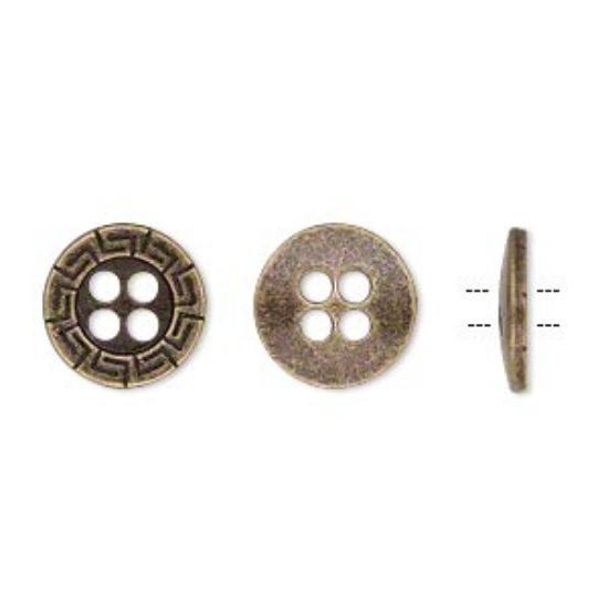 Picture of Button, antiqued brass-finished "pewter" (zinc-based alloy), 12mm single-sided flat round with Greek key design. Sold per pkg of 50.