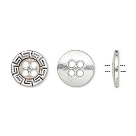 Picture of Button, antiqued silver-finished "pewter" (zinc-based alloy), 12mm single-sided flat round with Greek key design. Sold per pkg of 50.