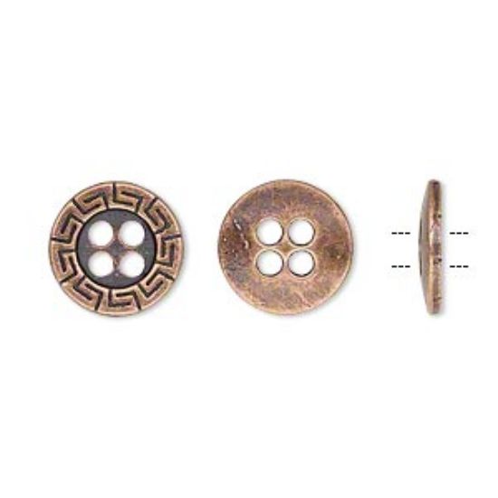 Picture of Button, antiqued copper-finished "pewter" (zinc-based alloy), 12mm single-sided flat round with Greek key design. Sold per pkg of 50.
