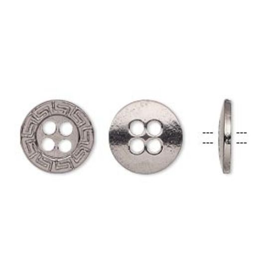 Picture of Button, gunmetal-finished "pewter" (zinc-based alloy), 12mm single-sided flat round with Greek key design. Sold per pkg of 50.