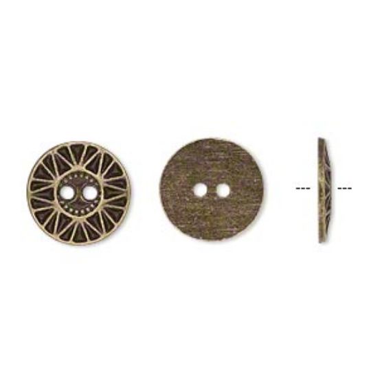 Picture of Button, antiqued brass-finished "pewter" (zinc-based alloy), 12.5mm single-sided flat round with sunburst design. Sold per pkg of 50.