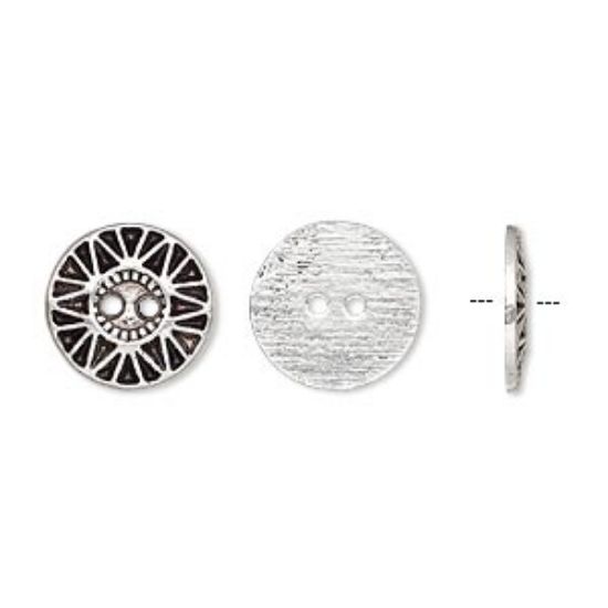 Picture of Button, antiqued silver-finished "pewter" (zinc-based alloy), 12.5mm single-sided flat round with sunburst design. Sold per pkg of 50.