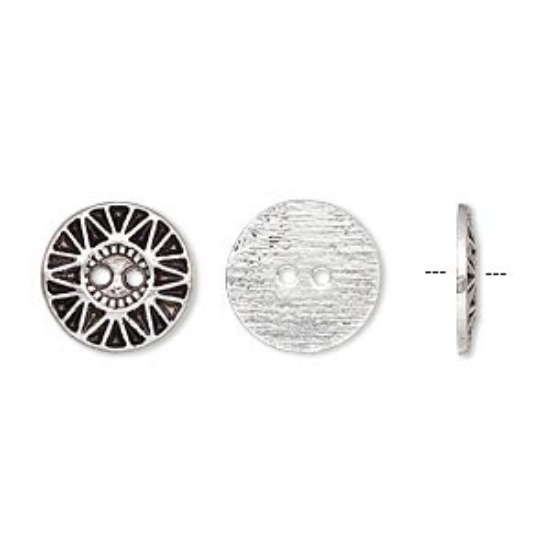 Picture of Button, antiqued silver-finished "pewter" (zinc-based alloy), 12.5mm single-sided flat round with sunburst design x50