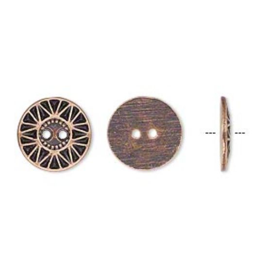 Picture of Button, antiqued copper-finished "pewter" (zinc-based alloy), 12.5mm single-sided flat round with sunburst design. Sold per pkg of 50.