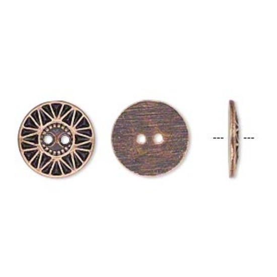 Picture of Button, antiqued copper-finished "pewter" (zinc-based alloy), 12.5mm single-sided flat round with sunburst design x50