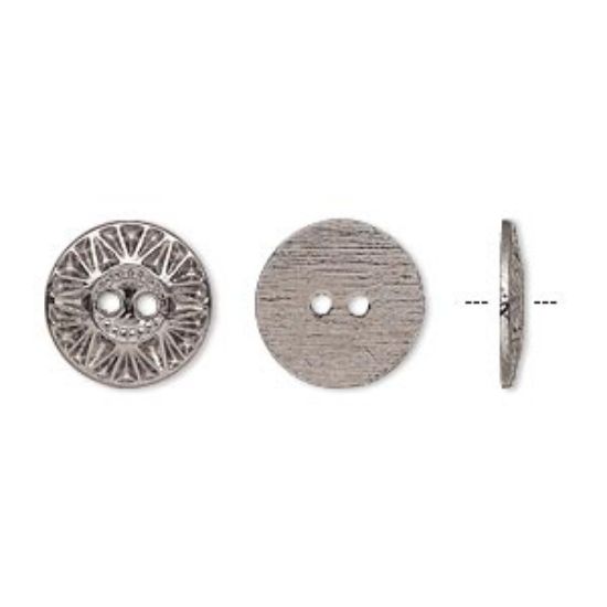 Picture of Button, gunmetal-finished "pewter" (zinc-based alloy), 12.5mm single-sided flat round with sunburst design. Sold per pkg of 50.