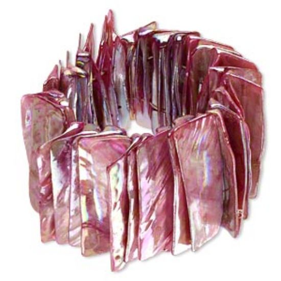 Picture of Bracelet, stretch, mother-of-pearl shell (dyed/coated), red violet AB, 43x15mm-47x19mm double-drilled flat rectangle, 8 inches. Sold individually.