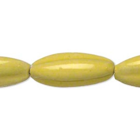 Picture of Bead, porcelain, yellow, 26x14mm-28x16mm fluted puffed oval. Sold per 8-inch strand.