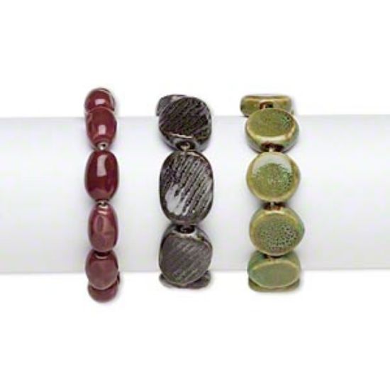 Picture of Bracelet, stretch, porcelain, multicolored, 16x10mm-19x13mm textured barrel, 18-20mm flat round and 26x19mm-27x20mm twisted flat barrel, 8 inches. Sold per pkg of 3.