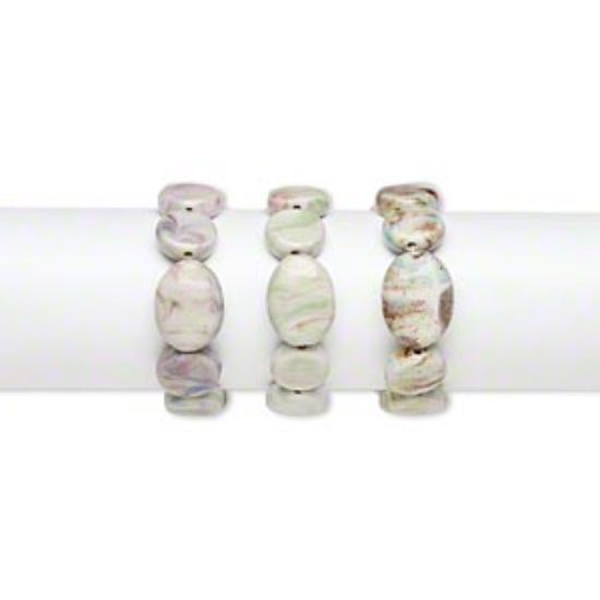 Picture of Bracelet, stretch, porcelain, multicolored, 18-20mm flat round and 27x21mm-28x22mm puffed oval, 8 inches. Sold per pkg of 3.