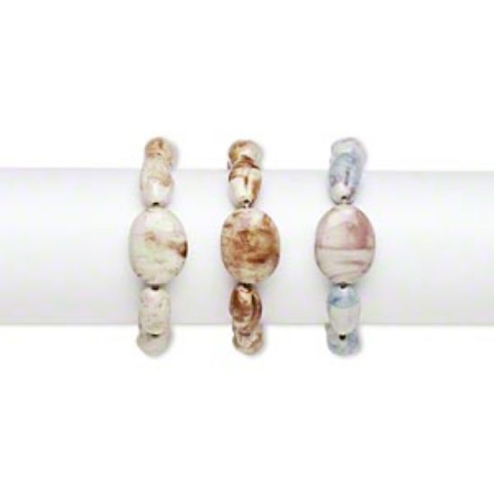 Picture of Bracelet, stretch, porcelain, multicolored, 21x11mm-23x12mm carved oval and 27x21mm-28x22mm puffed oval, 8 inches. Sold per pkg of 3.