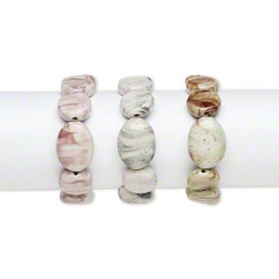 Picture of Bracelet, stretch, porcelain, multicolored, 18-20mm flat round and 27x21mm-28x22mm puffed oval, 8 inches. Sold per pkg of 3.