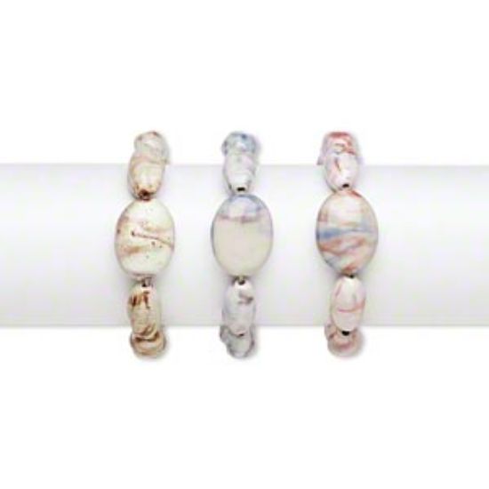 Picture of Bracelet, stretch, porcelain, multicolored, 22x11mm-23x13mm carved oval and 27x21mm-28x22mm puffed oval, 8 inches. Sold per pkg of 3.