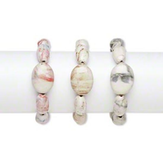 Picture of Bracelet, stretch, porcelain, multicolored, 23x11mm-24x13mm carved oval and 27x21mm-28x22mm puffed oval, 8 inches. Sold per pkg of 3.