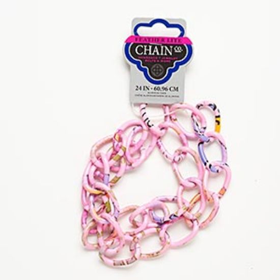 Picture of Chain, aluminum, pink and multicolored, 32x22mm curb with floral pattern. Sold per pkg of 24 inches.