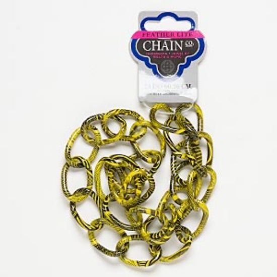 Picture of Chain, aluminum, yellow and black, 32x22mm curb with line design. Sold per pkg of 24 inches.