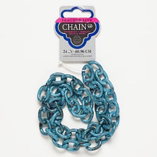 Picture of Chain, aluminum, teal blue and black, 20x15mm oval cable with line design. Sold per pkg of 24 inches.