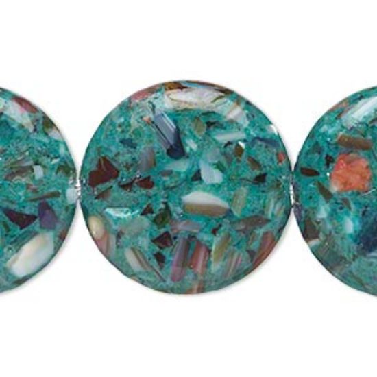 Picture of Mother-of-Pearl Shell and Resin (assembled) 24mm flat round Teal Green x1