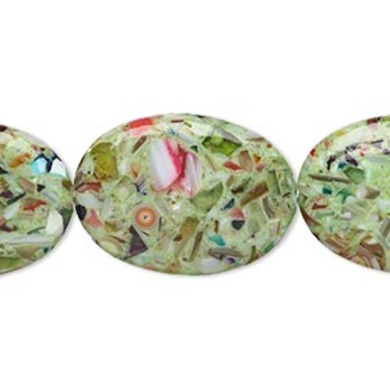Picture of Bead mother-of-pearl shell and resin (assembled) opaque light green and multicolored 34x24mm-35x25mm puffed oval. Sold per 15-inch strand.