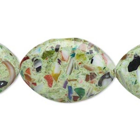 Picture of Bead mother-of-pearl shell and resin (assembled) opaque light green and multicolored 30x20mm-31x21mm puffed marquise. Sold per 15-inch strand.