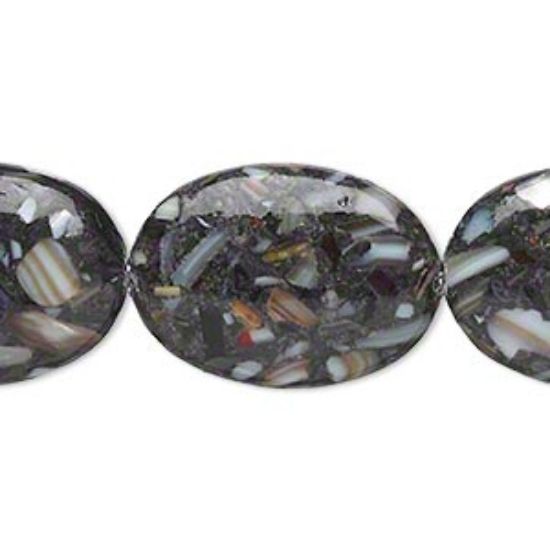 Picture of Bead mother-of-pearl shell and resin (assembled) opaque black and multicolored 24x18mm-25x19mm puffed oval. Sold per 15-inch strand.
