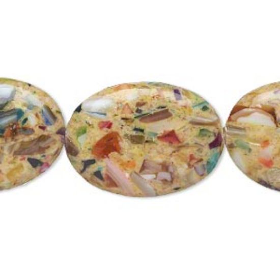 Picture of Bead mother-of-pearl shell and resin (assembled) opaque yellow and multicolored 24x18mm-25x19mm puffed oval. Sold per 15-inch strand.