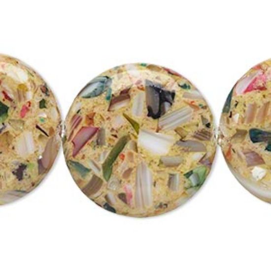 Picture of Bead mother-of-pearl shell and resin Flat Round 25mm Yellow and multicolored x38cm