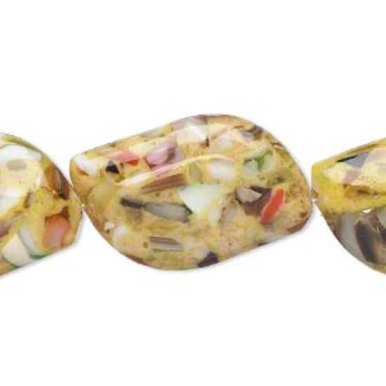Picture of Bead mother-of-pearl shell and resin (assembled) opaque yellow and multicolored 28x18mm-29x19mm puffed curve. Sold per 15-inch strand.