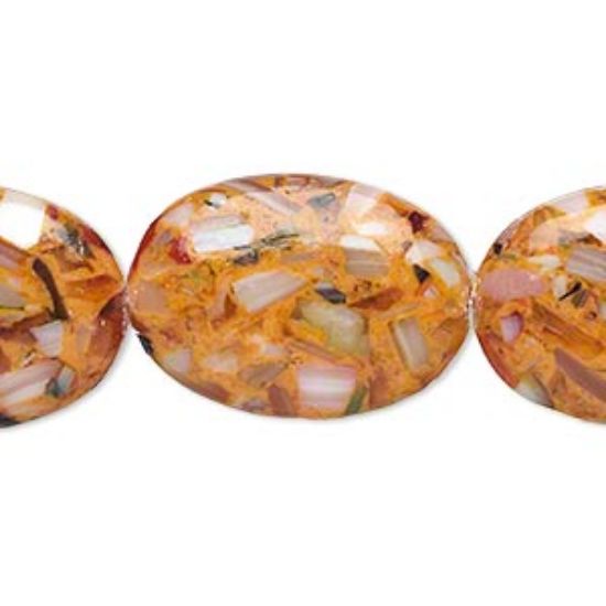 Picture of Bead mother-of-pearl shell and resin (assembled) opaque dark orange and multicolored 24x18mm-25x19mm puffed oval. Sold per 15-inch strand.