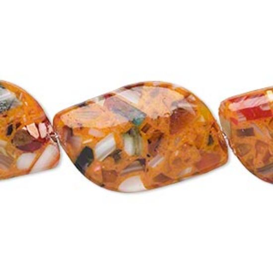 Picture of Bead mother-of-pearl shell and resin (assembled) opaque dark orange and multicolored 28x18mm-29x19mm puffed curve. Sold per 15-inch strand.