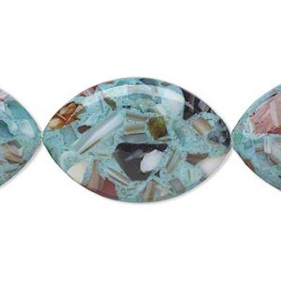 Picture of Bead mother-of-pearl shell and resin (assembled) opaque light teal green and multicolored 30x20mm-31x21mm puffed marquise. Sold per 15-inch strand.