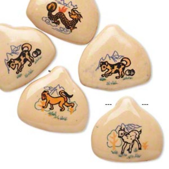 Picture of Porcelain 35x33mm-37x35mm top-drilled double-sided puffed teardrop w/ Chinese Zodiac decal x5