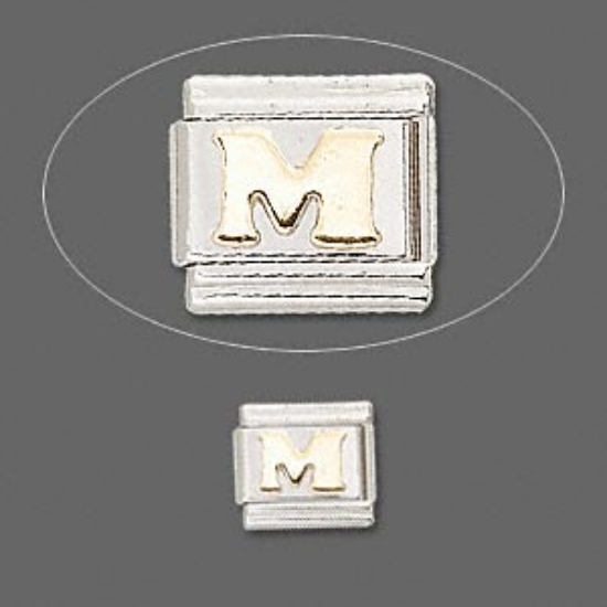 Picture of Stainless Steel Link Italian-style charm letter "M" 24kt Gold Plated  x1